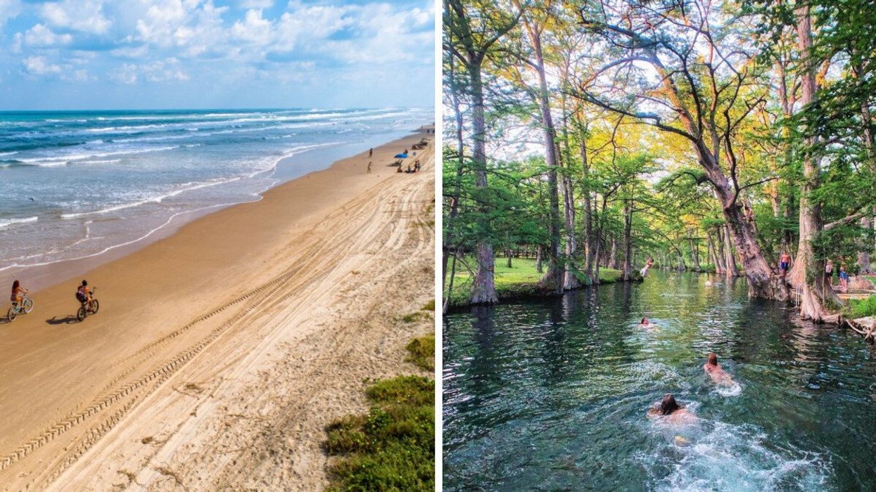 The sand shore of a South Padre Island beach. Right: People swimming in Blue Hole Regional Park.