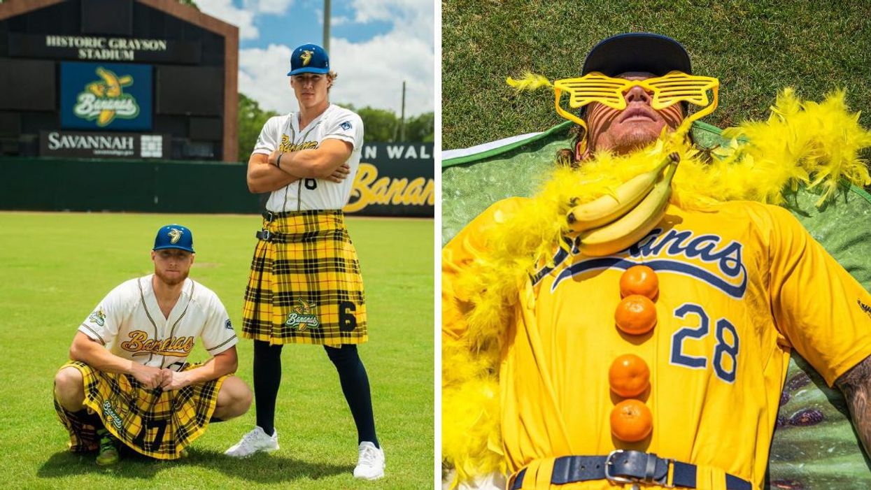 The Savannah Bananas in kilts. Right: A Savannah Bananas player wearing glasses laying down.