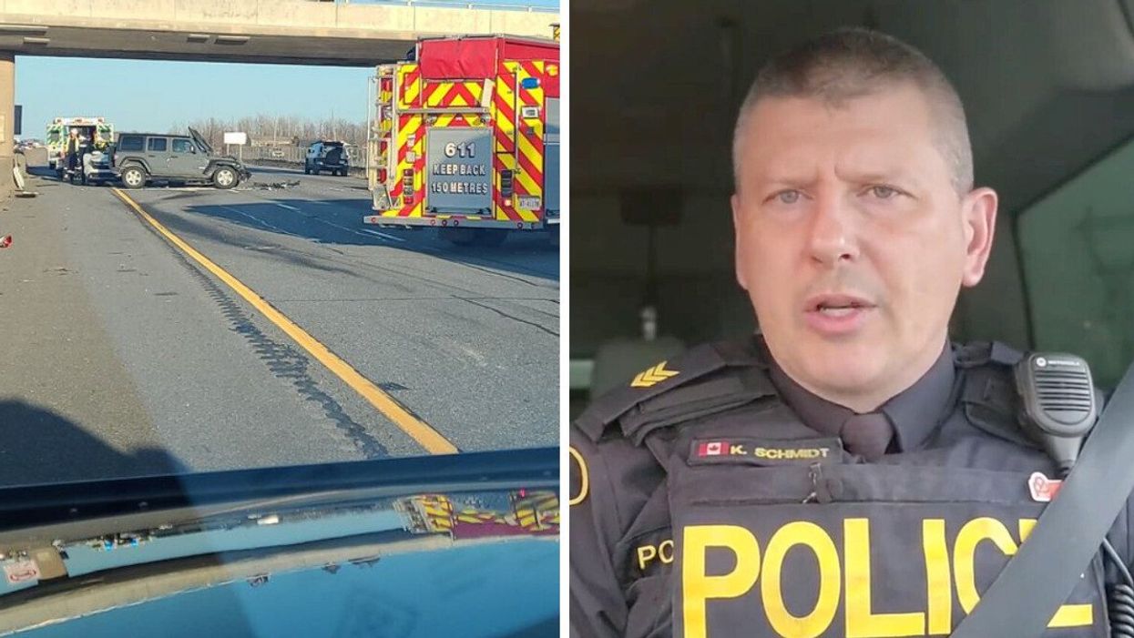 The scene of a fatal, three-vehicle crash on the QEW. Right: OPP Sgt. Kerry Schmidt.