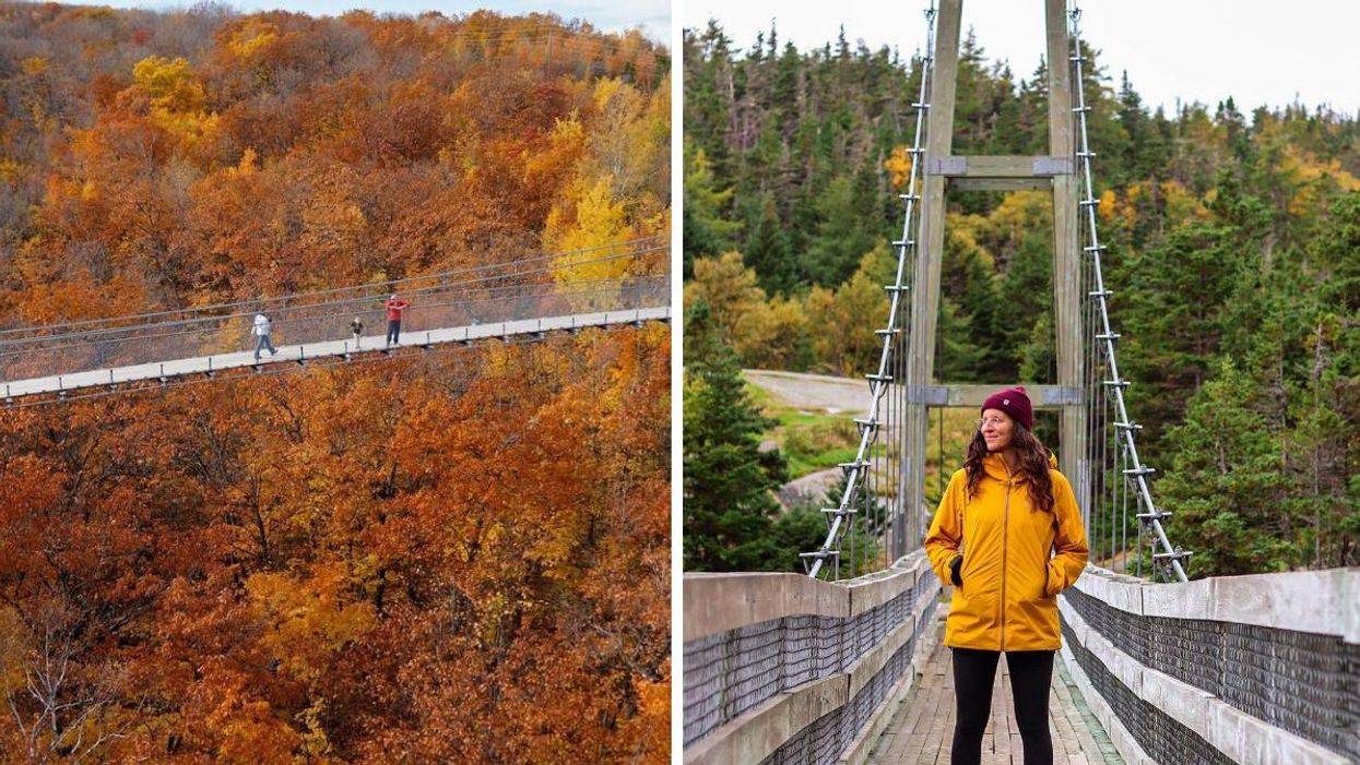 The Scenic Caves suspension bridge in Ontario. Right: A person stands on the La Manche Suspension Bridge in Newfoundland.
