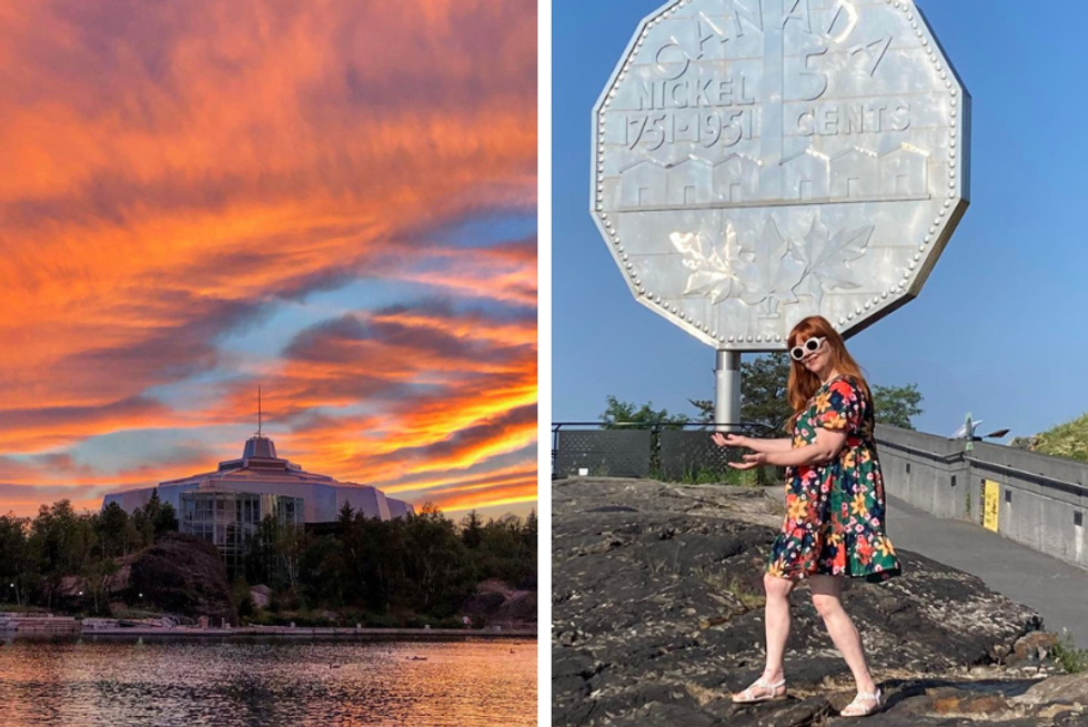 The Science North building during a sunset. Right: A tourist at Dynamic Earth's Big Nickel statue.