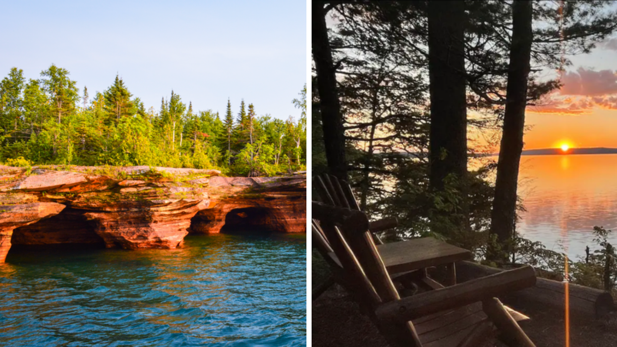 The sea caves on the Apostle Islands. Right: A lakehouse on the Apostle Islands.