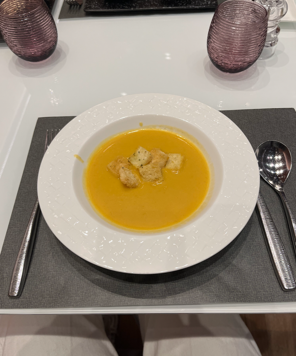 The seasonal soup at the Qatar Airways Al Mourjan Business Lounge.