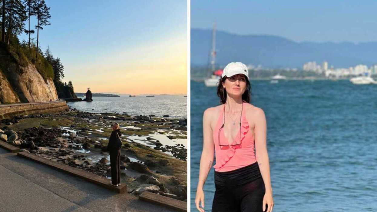 The seawall in Vancouver. Right: A Person standing by the water.