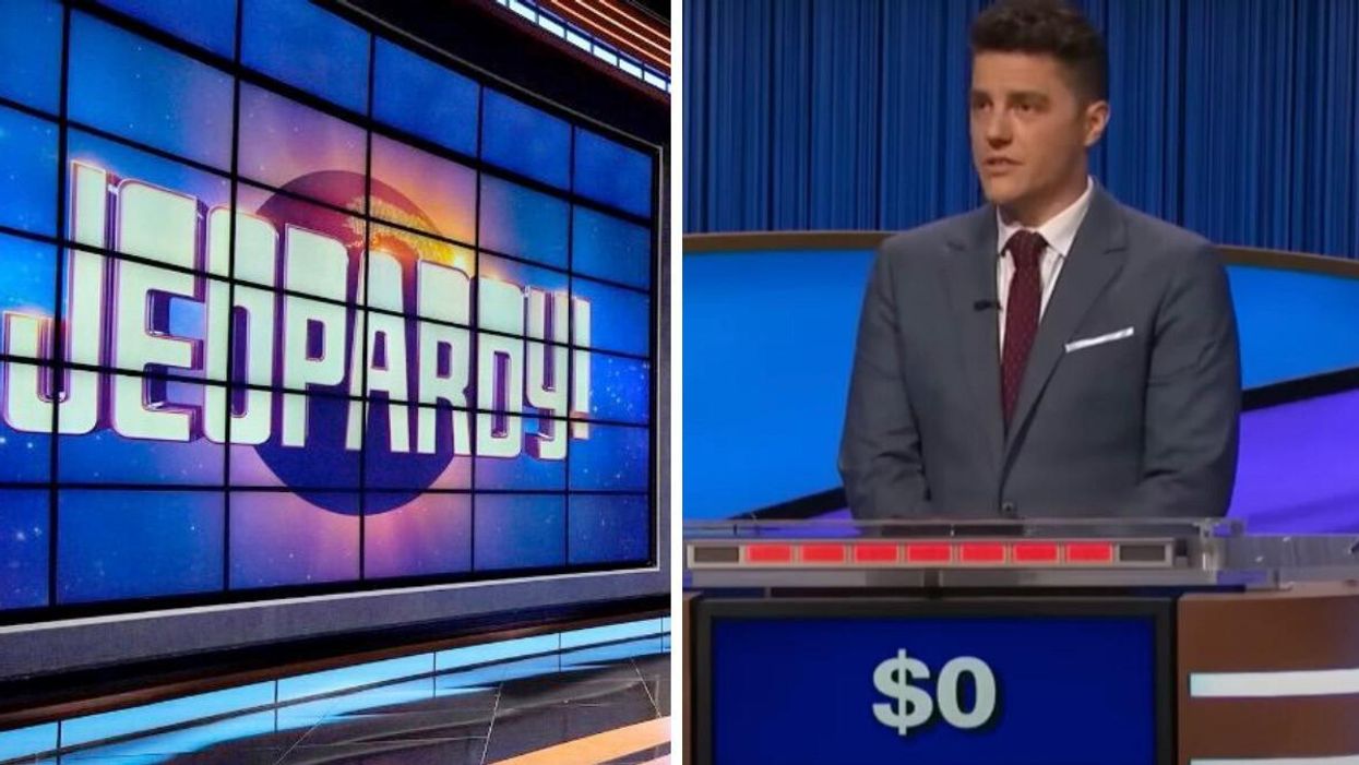 The set of 'Jeopardy!'. Right: 'Jeopardy!' contestant Sam answering a question about Ontario.