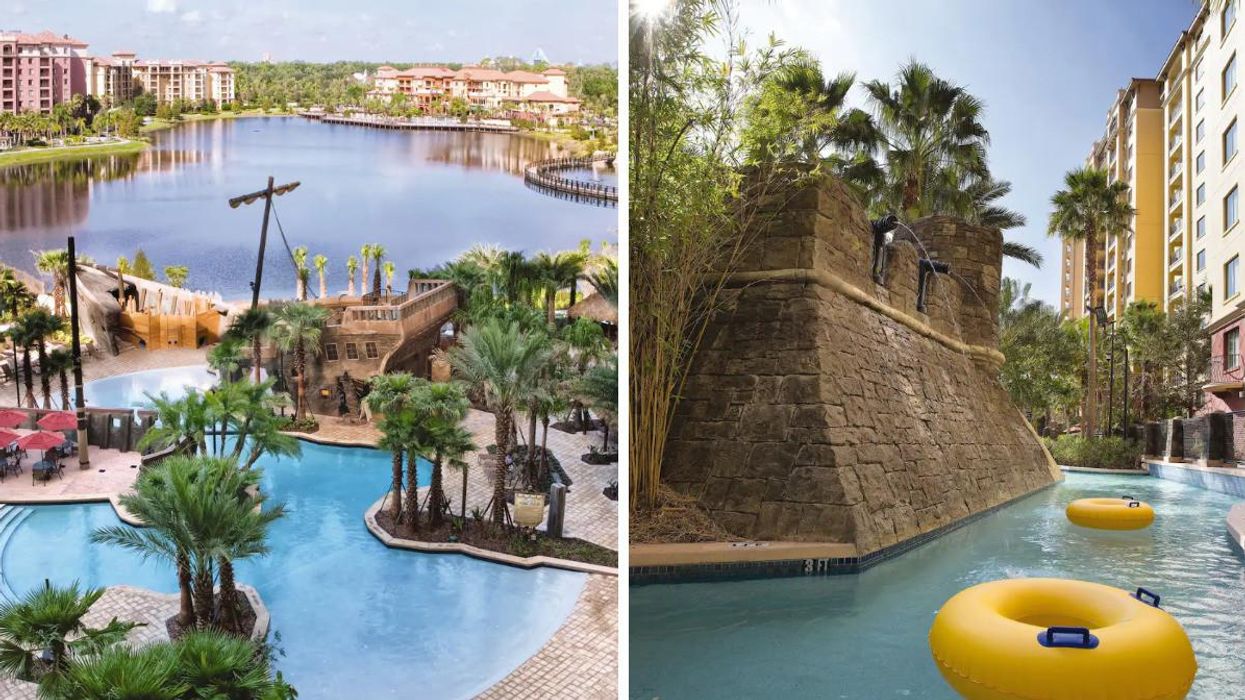 The shipwreck pool at the Airbnb. Right: The view from the lazy river at the Airbnb.