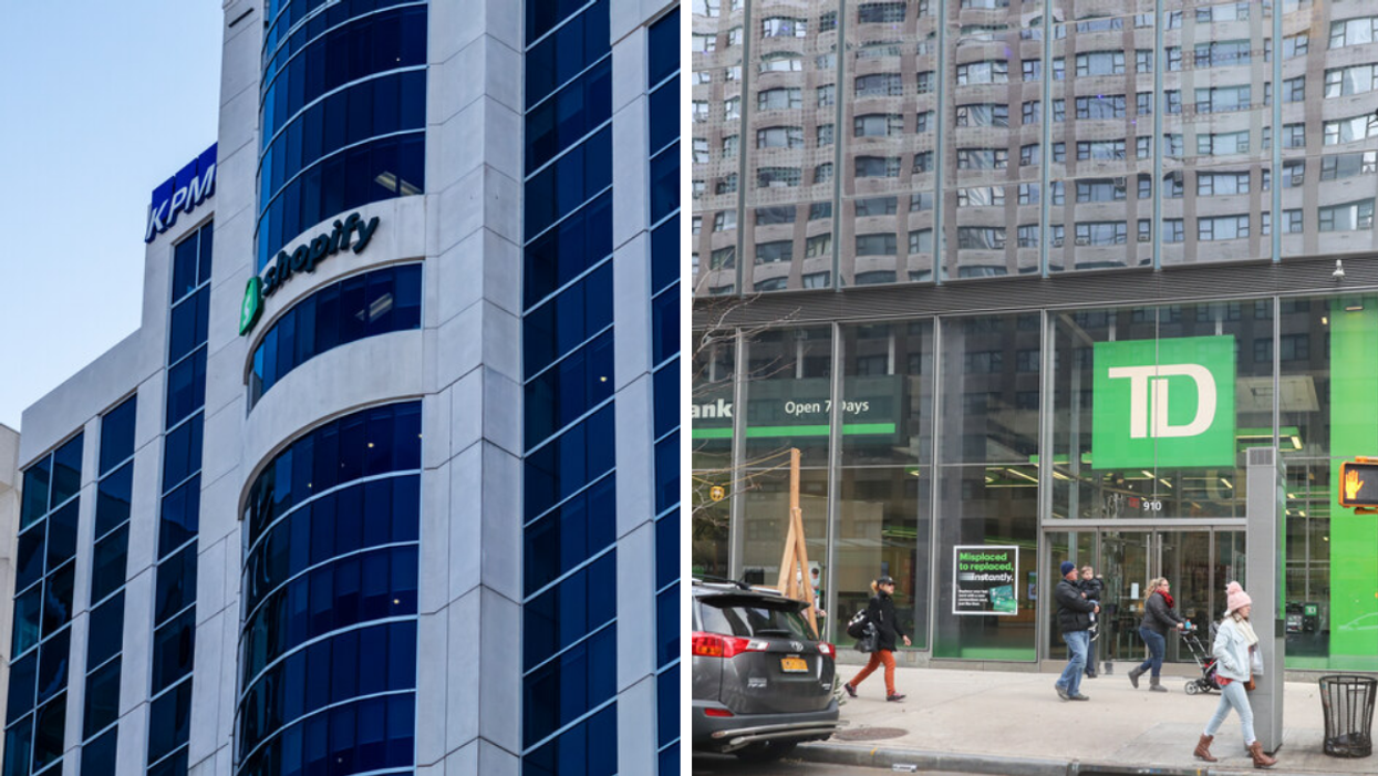 The Shopify headquarters in Ottawa. Right: A TD Bank branch.