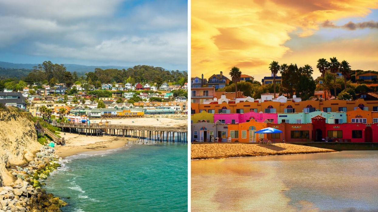 The shoreline at Capitola Beach in California. Right: Colorful hotels on the beach in Capitola, CA. 