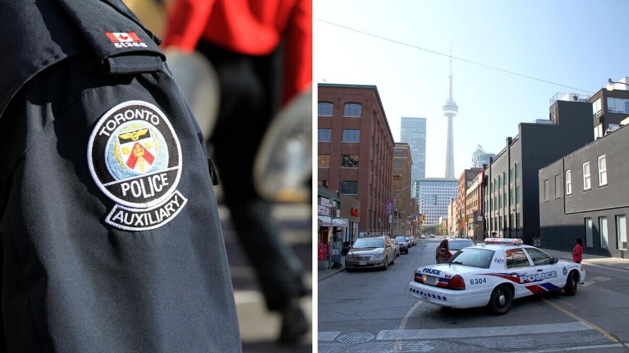 The shoulder patch of a Toronto police officer. Right: A Toronto police cruiser.