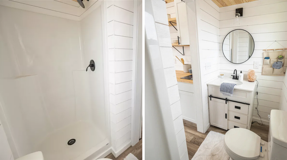 The shower. Right: The toilet and vanity.
