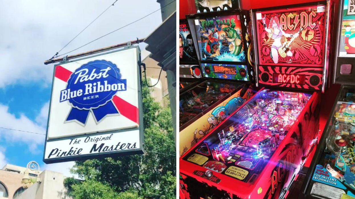 The sign outside the Original Pinkie Masters in Savannah, GA. Right: An arcade game at Portal in Savannah, GA.