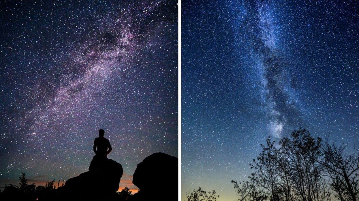 The silhouette of a person can be seen in front of a sparkling night sky. Right: A starry Torrance Barrens Dark Sky Reserve night sky.