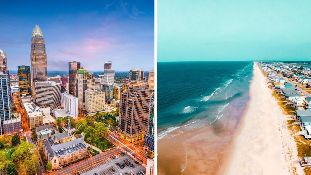 The skyline of Charlotte, NC. Right: An aerial shot of a beach in North Carolina.