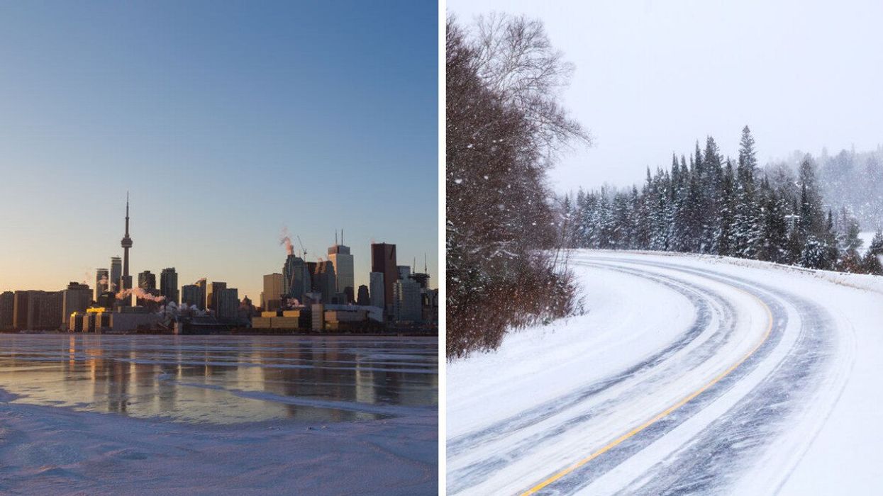 The skyline of Toronto is seen in winter. Right: A snowy road is seen lined with trees.