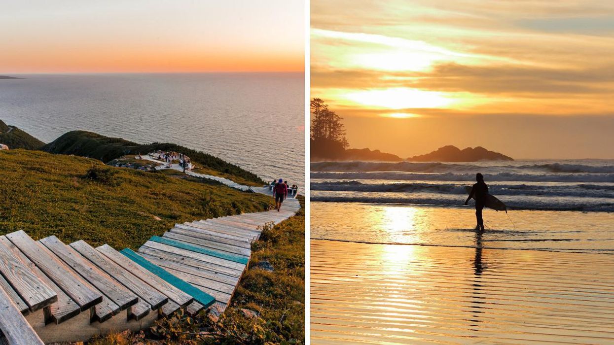 The Skyline Trail on Cape Breton Island. Right: A person at a beach in Tofino. 