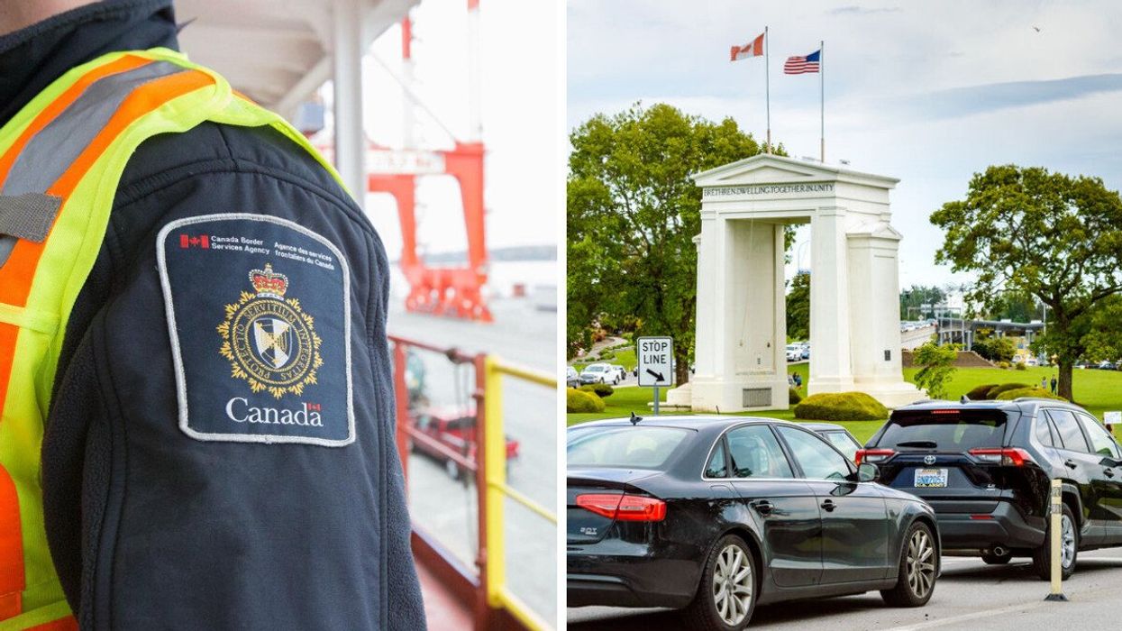 The sleeve of a CBSA worker. Right: Cars line up in front of the Peace Arch at the Douglas border crossing in Surrey.