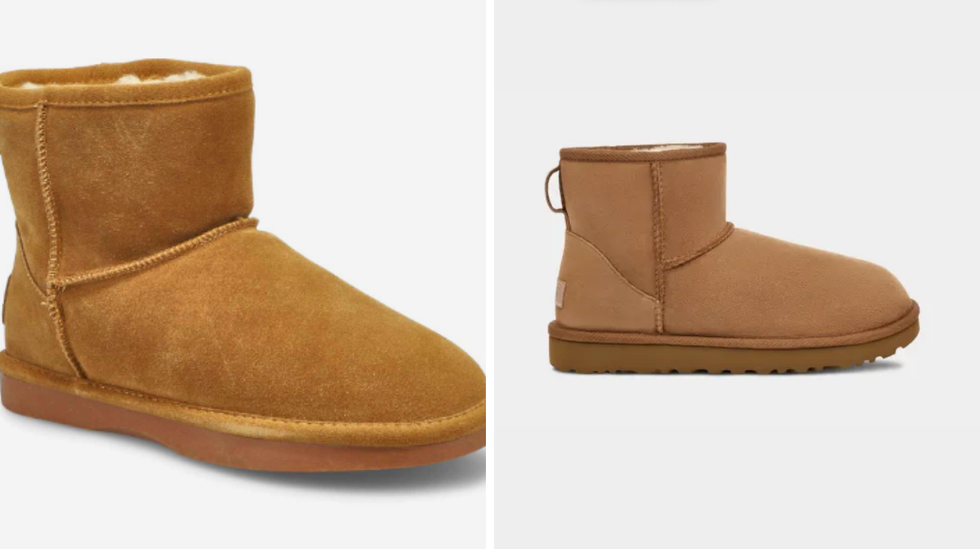 The Smocs 5 Mini chestnut suede cozy boots. Right: Classic Mini II Boot.