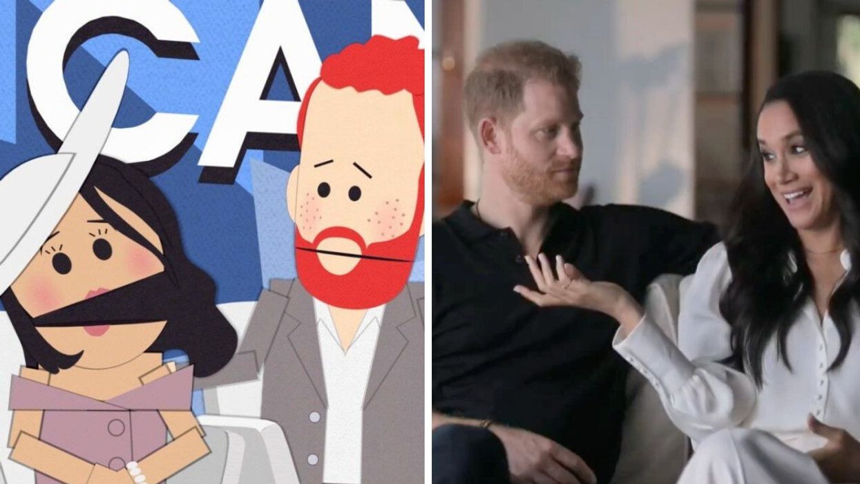 The South Park parody of Meghan Markle and Prince Harry. Right: Prince Harry and Meghan Markle in their Netflix special.