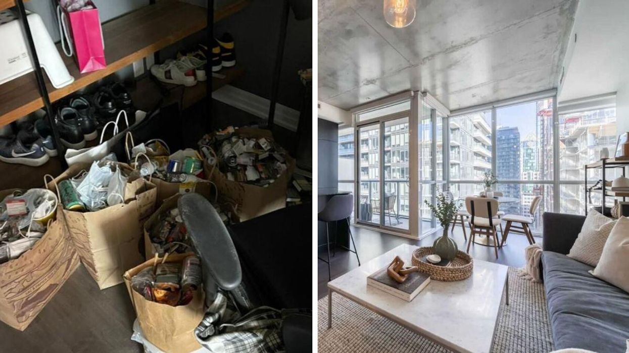 The space before the makeover. Right: The living room after the clean up.