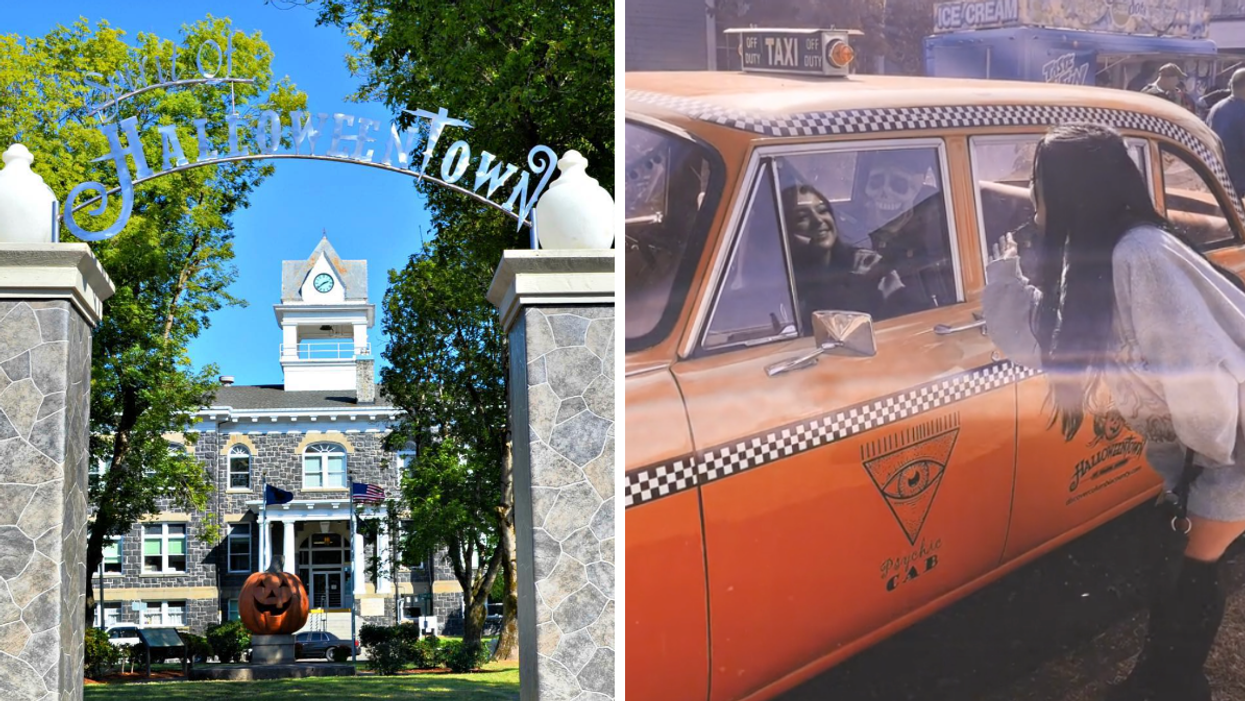 The Spirit of Halloweentown entrance. Right: A girl waving to a cab with a skeleton in the driver's seat.