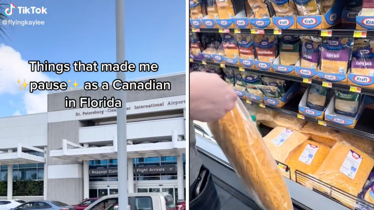 The St. Petersburg-Clearwater International Airport. Right: A giant bag of cheese.