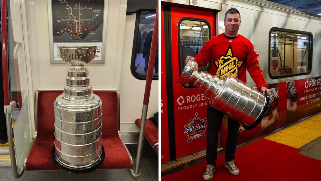 The Stanley Cup on a TTC subway seat. Right: Former NHL star Tomas Kaberle holds the Stanley Cup in front of a subway car.