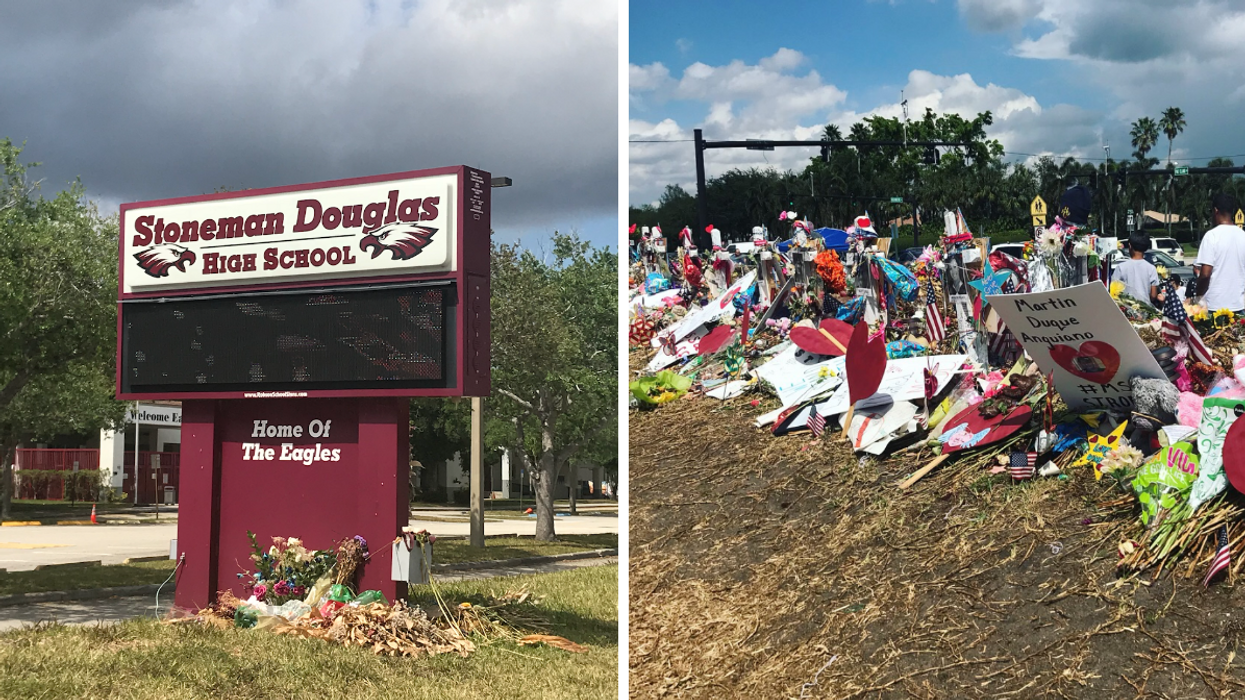 The Stoneman Douglas High School sign. Right: The memorial site at Stoneman Douglas High School.