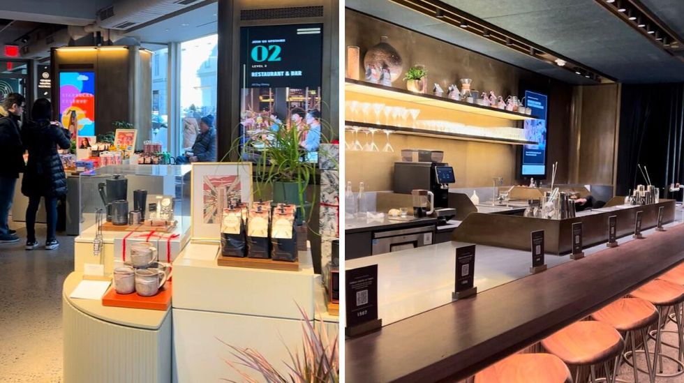 The store at the Starbucks Reserve Empire State Building location in New York. Right: The concourse area at the Starbucks Reserve Empire State Building.