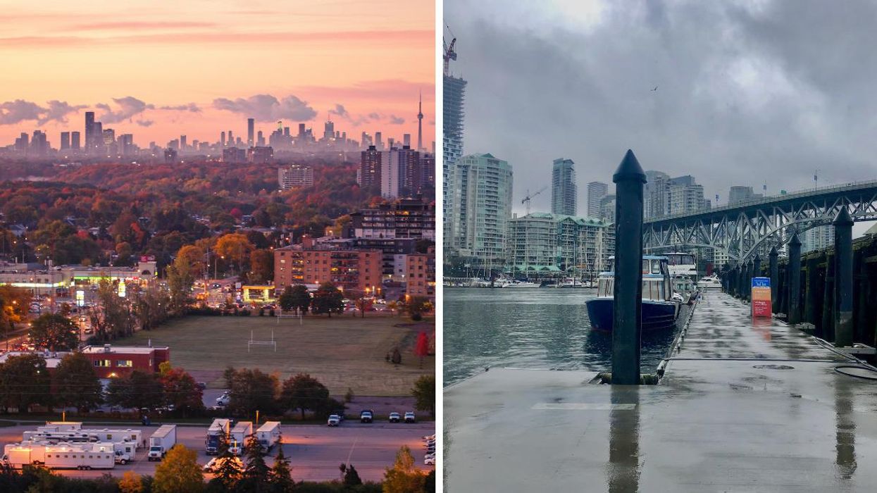 The sun rising in Toronto. Right: A rainy day in Vancouver.