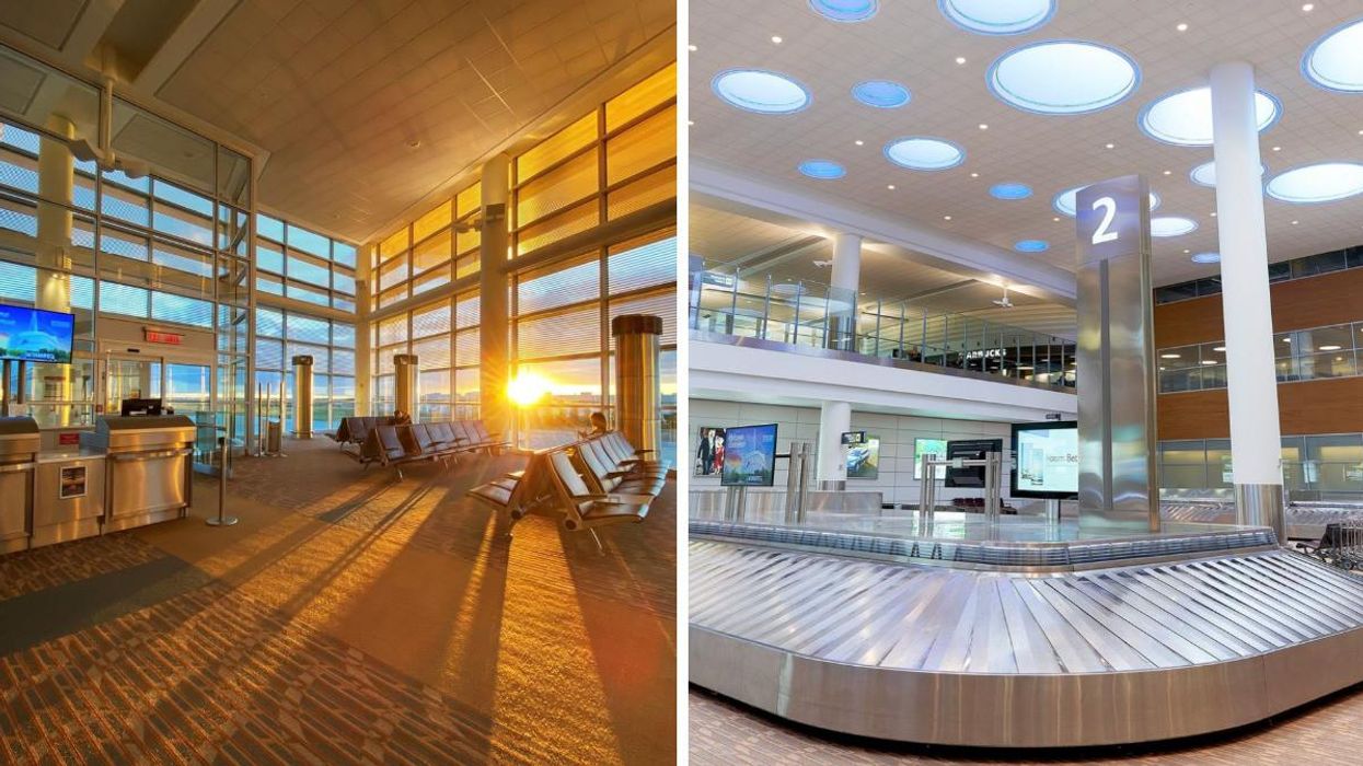 The sun sets through a window in the waiting area at Winnipeg Airport. Right: An empty baggage claim carousel at the airport.