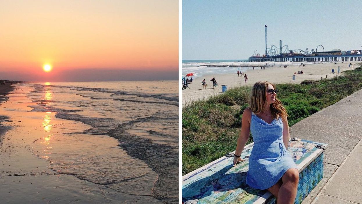 The sunrise on Crystal Beach. Right: A woman poses in front of Pleasure Pier in Galveston, Texas.