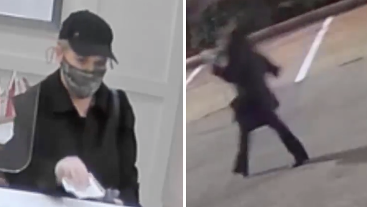 The suspect in a surveillance video. Right: The suspect walking away in high heels.