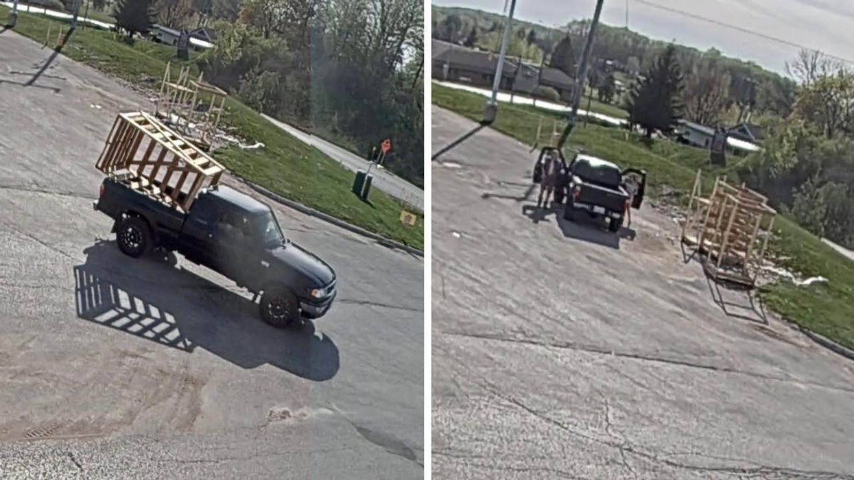 The suspect's truck. Right: The truck's occupants exiting the vehicle.