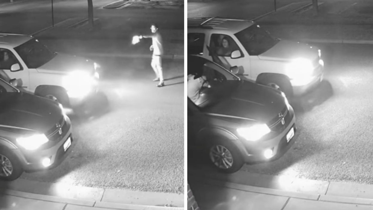 The suspect shooting at the driver. Right: People in the two cars arguing.