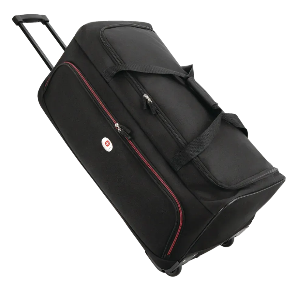 The Swiss Alps Wheeled Duffle Bag showing off the goods.