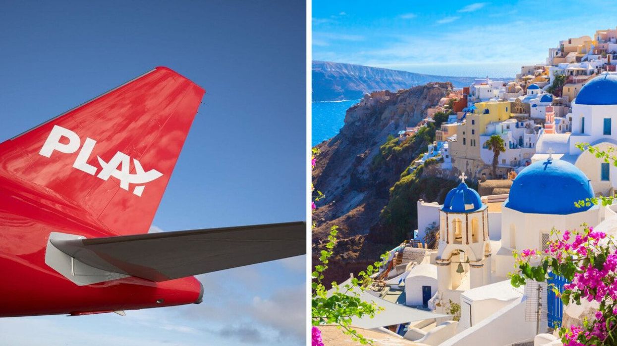 The tail of a Play Airlines plane. Right: Santorini, Greece.