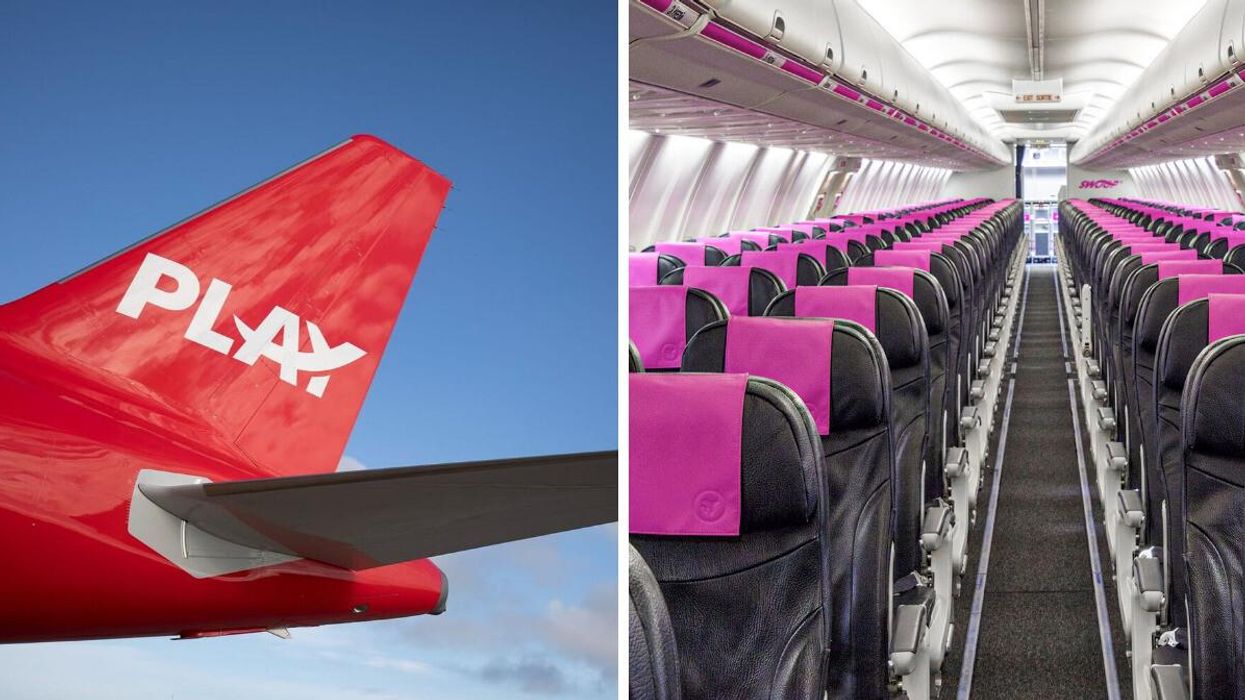 The tail of a Play Airlines plane. Right: Seats on a Swoop flight.