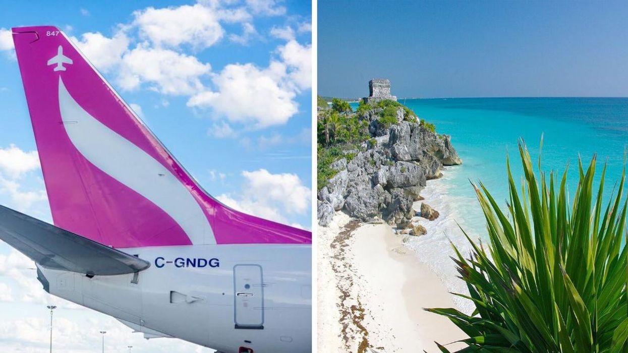 The tail of a Swoop Airlines plane. Right: A beach in Cancun, Mexico.