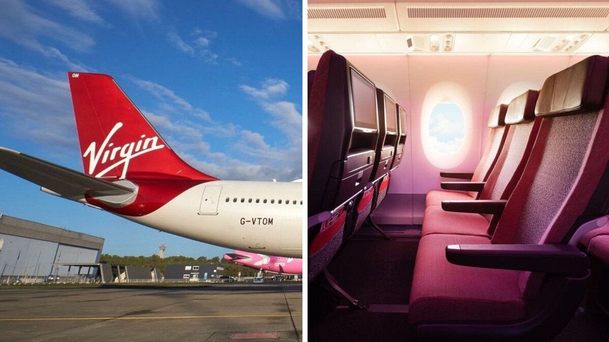 The tail of a Virgin Atlantic plane. Right: Seats on a Virgin Atlantic plane. 