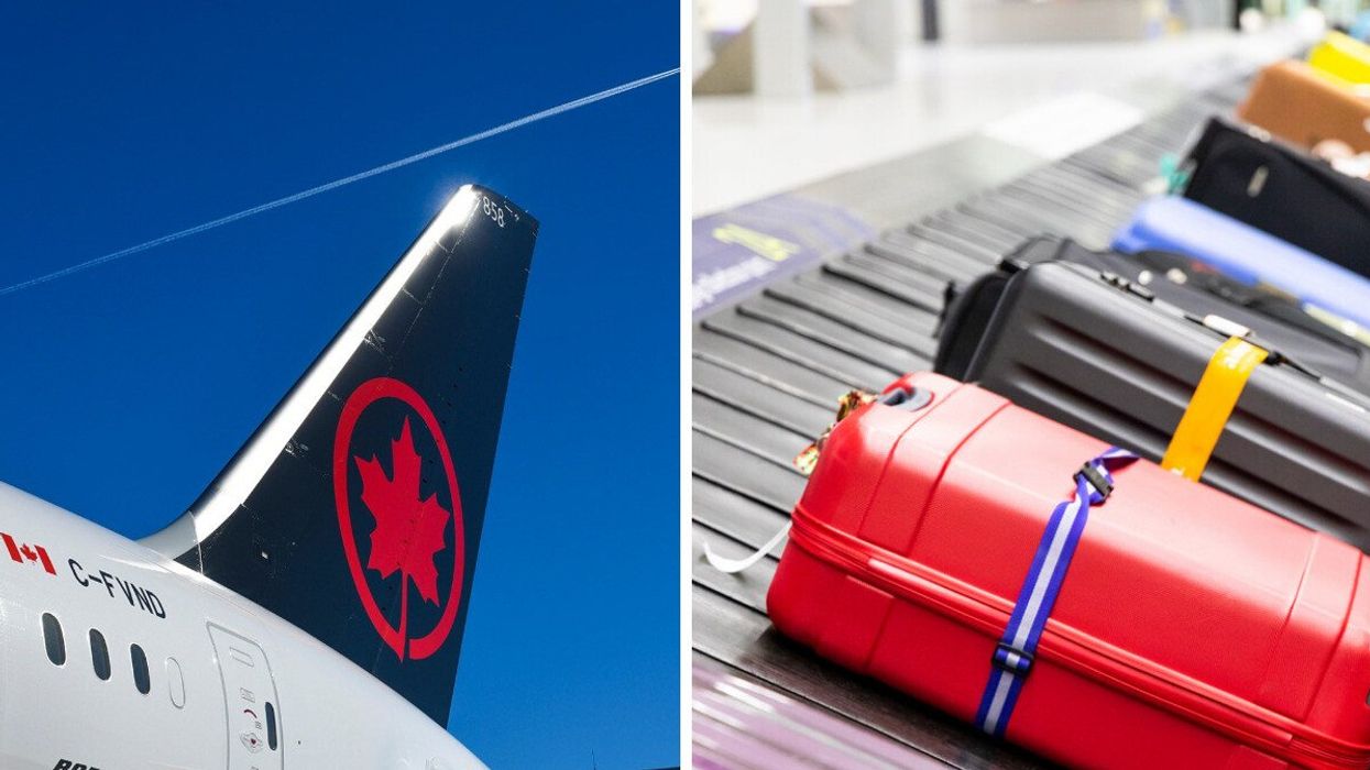 The tail of an Air Canada plane is seen against a blue sky. Right: Colourful luggage is seen on a conveyor.