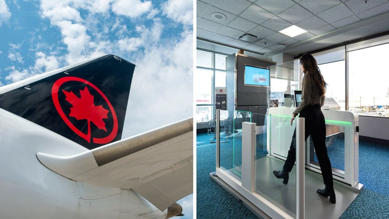 The tail of an Air Canada plane. Right: A person boarding with Air Canada.