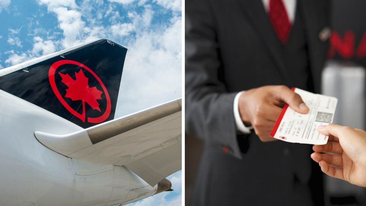 The tail of an Air Canada plane. Right: A person is handed an Air Canada boarding pass.
