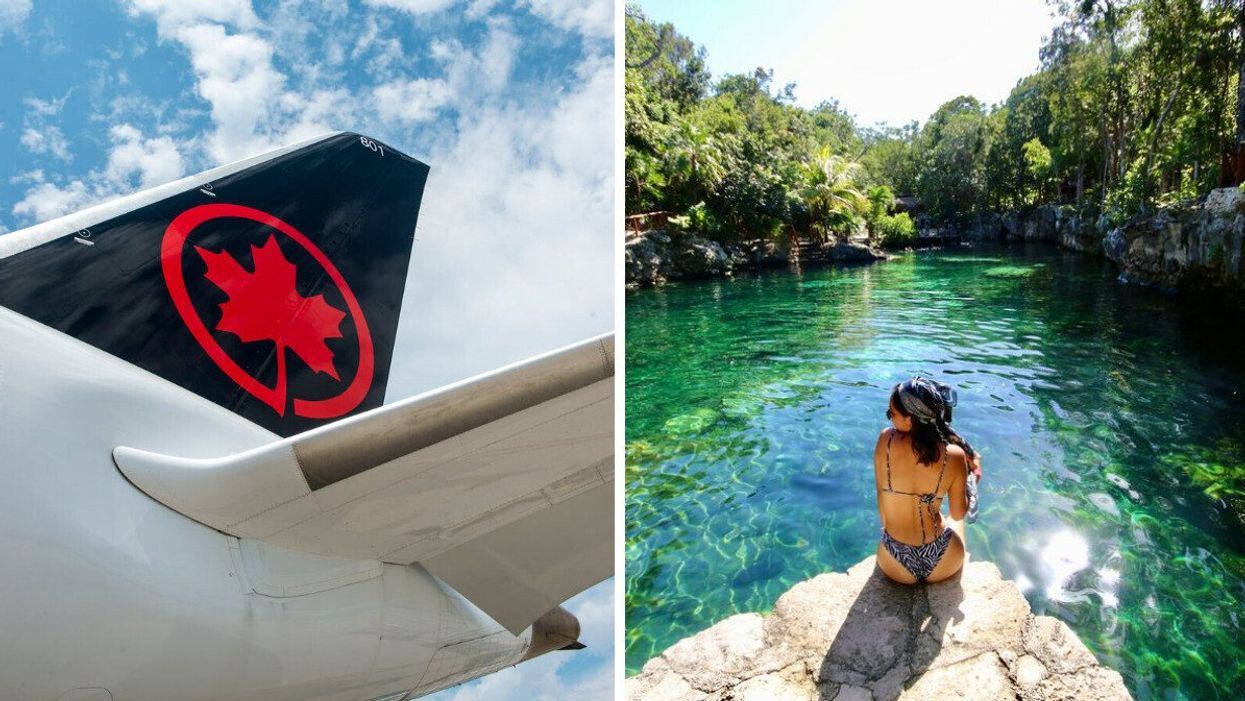 The tail of an Air Canada plane. Right: A person sits on a rock in a pool of emerald water.