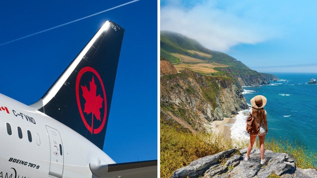 The tail of an Air Canada plane. Right: A person stands on a lookout in California gazing over a beach with blue water.