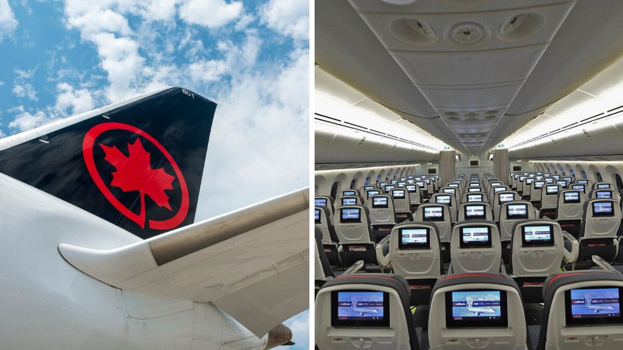 The tail of an Air Canada plane. Right: Seats on an Air Canada flight.
