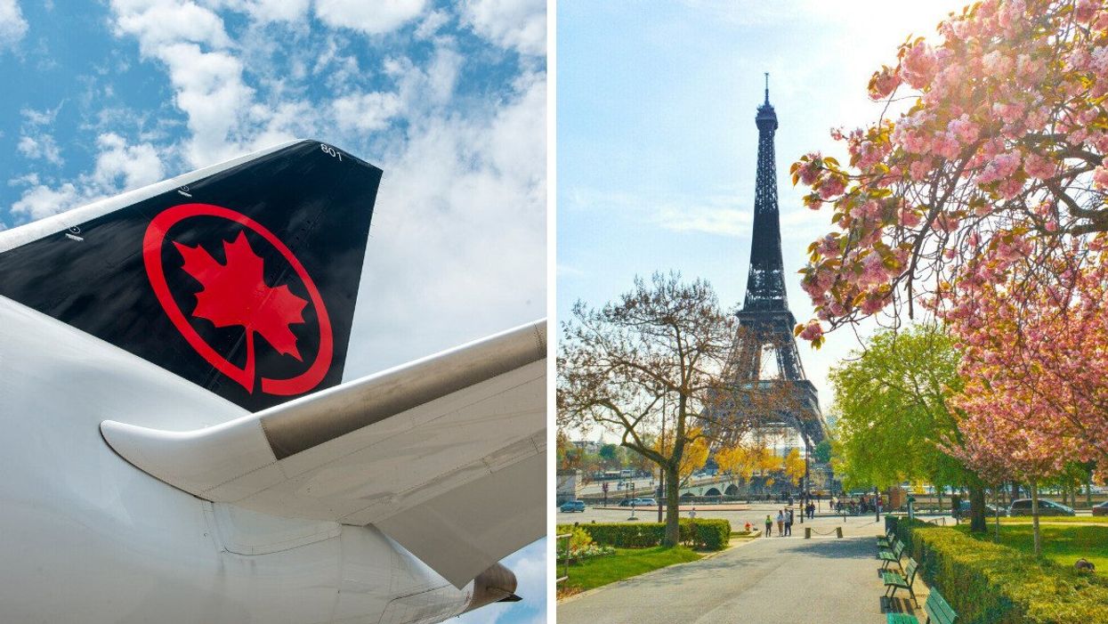 The tail of an Air Canada plane. Right: The Eiffel Tower in Paris, France.