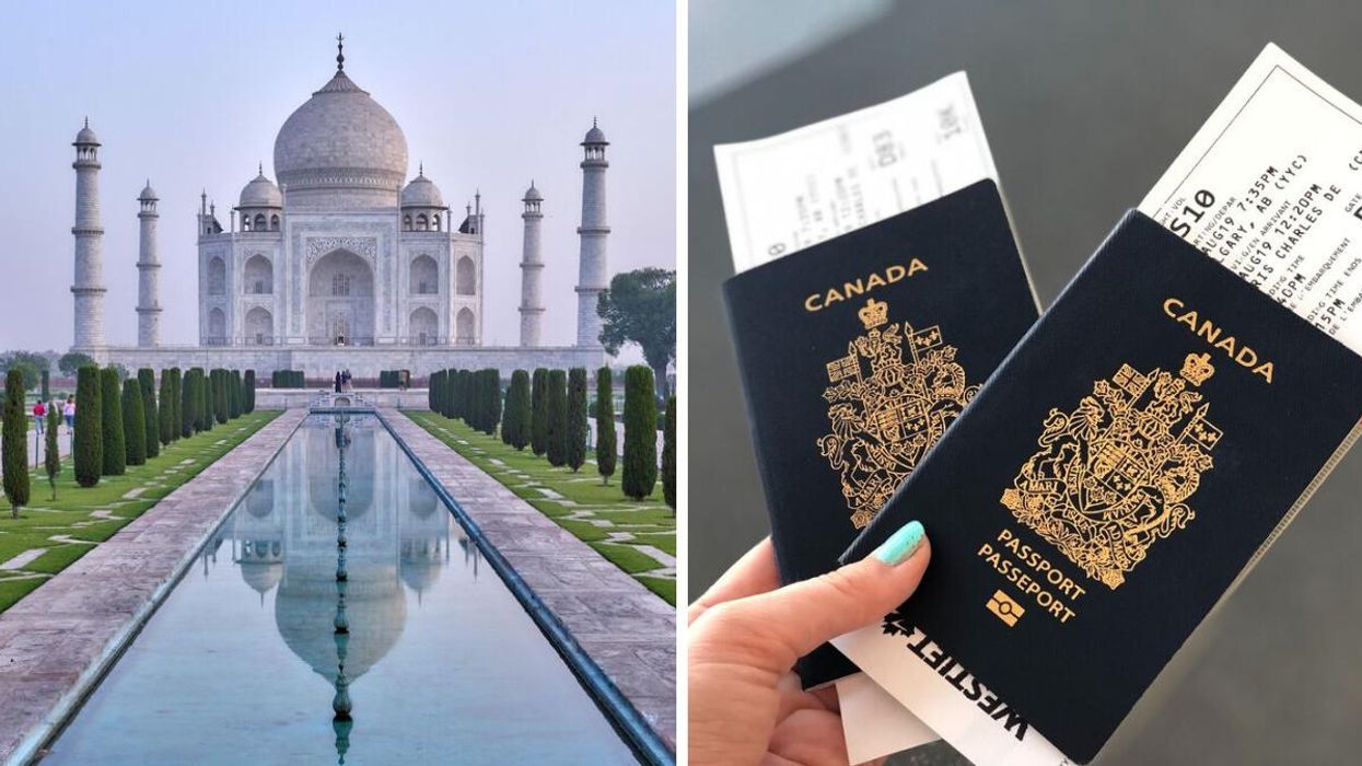 The Taj Mahal in India. Right: A person holds Canadian passports. 