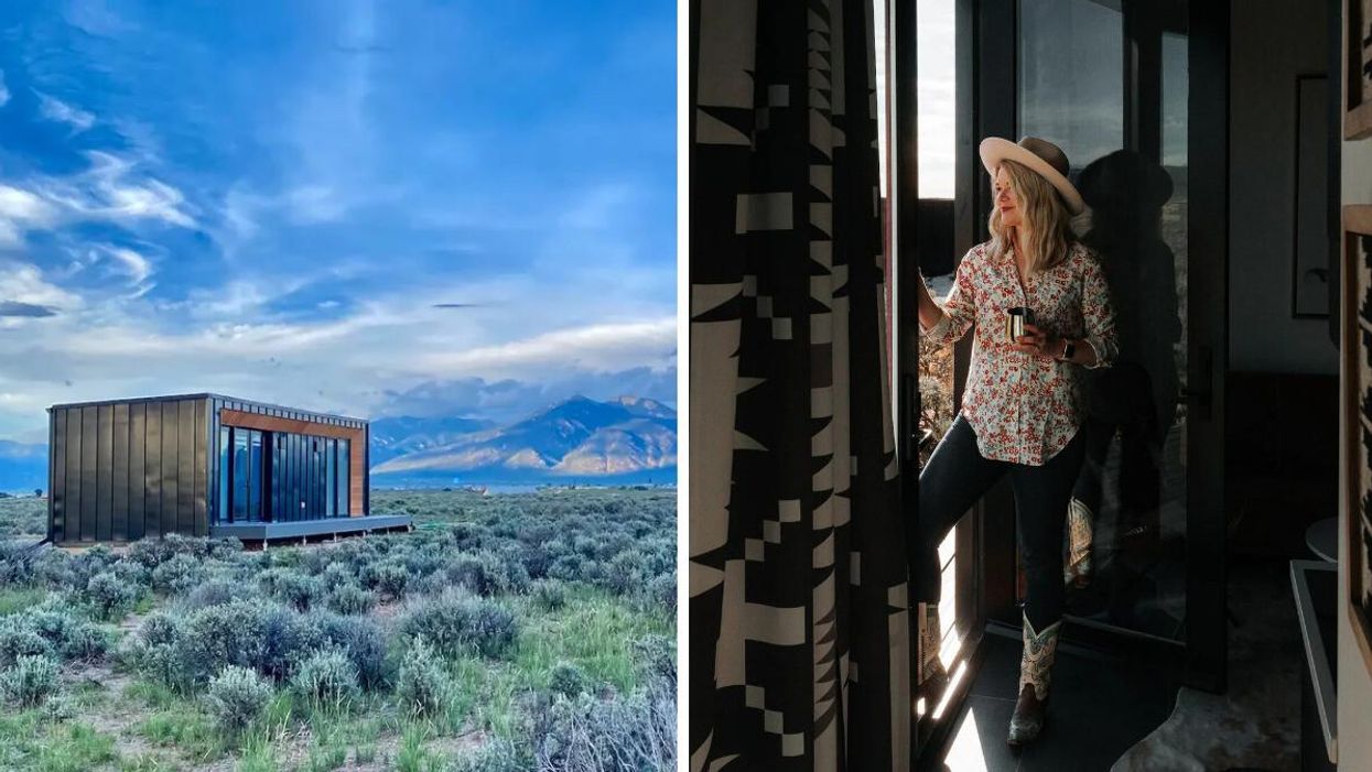 The "Taos Skybox Stargazer High Desert Retreat" in El Prado, NM. Right: A woman holding a glass inside the New Mexico Airbnb.
