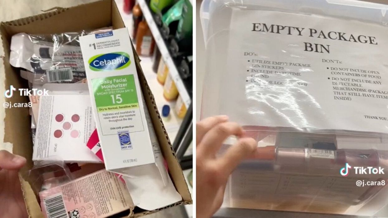 The Target employee showing the empty stolen products packages. Right: The bin she put the packages in.