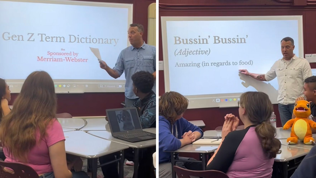 The teacher presenting his "Gen Z Term Dictionary". Right: The teacher presenting a Gen Z term to a class.